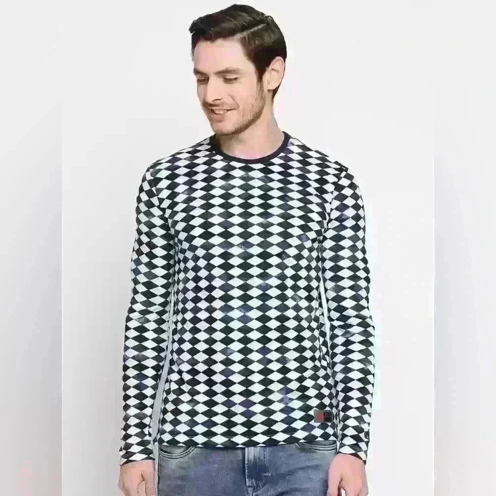 BEING HUMAN Men Geometric Print Round Neck 100% Cotton Longsleeve Shirt XL